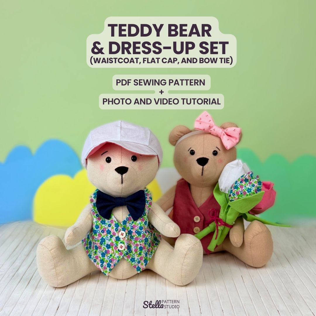 Sew your own classic teddy bear and Dress Up set: Classic Style Waistcoat, Flat Cap and Bow Tie; with this PDF sewing pattern & tutorial. Includes bonus tulip pattern. Perfect handmade gift for kids or grandkids!