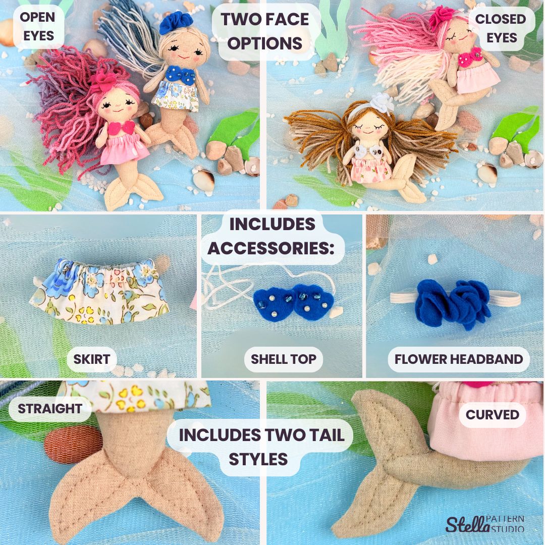 Mermaid doll with various accessories and tail styles on a blue background