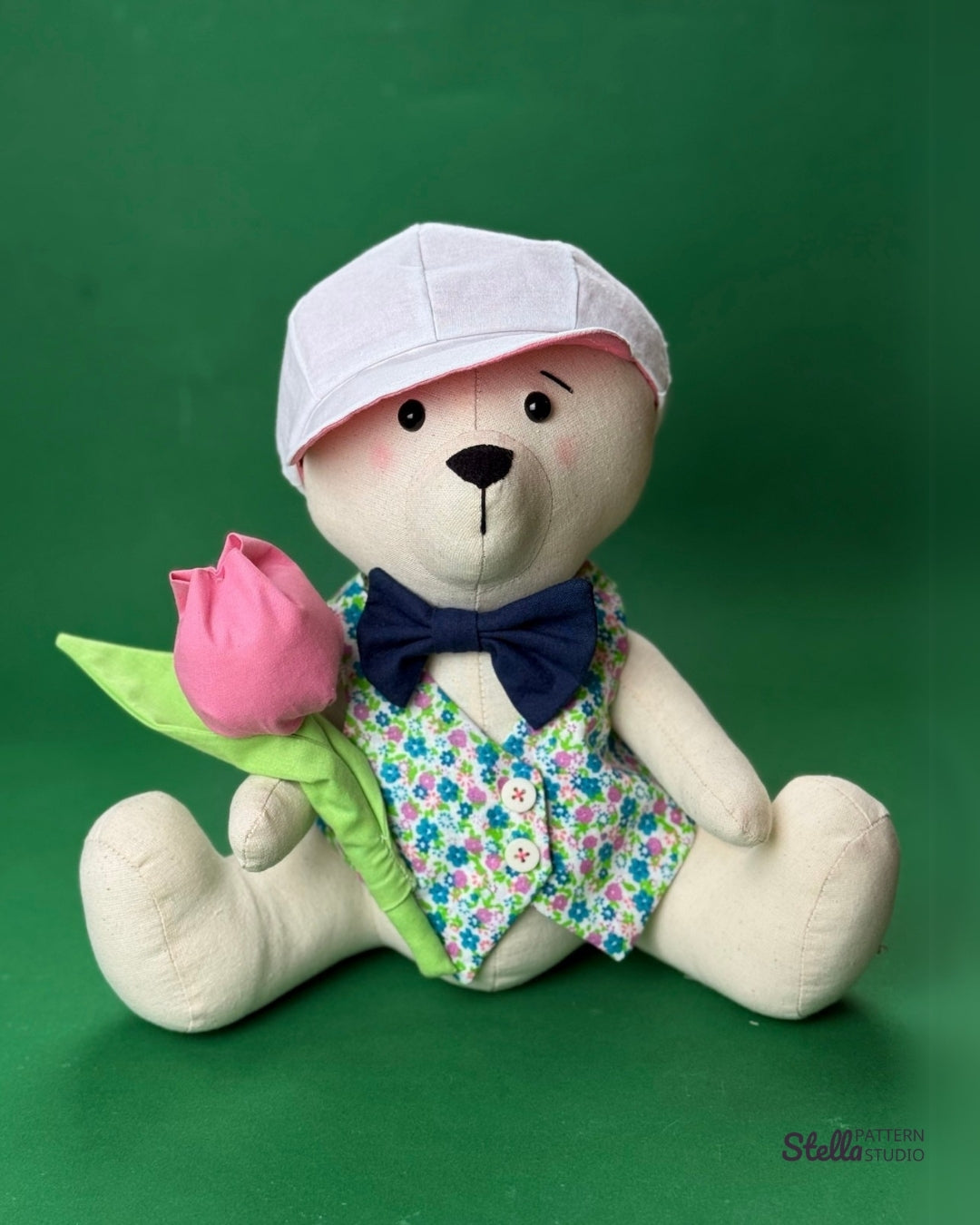 Sew your own classic teddy bear and Dress Up set: Classic Style Waistcoat, Flat Cap and Bow Tie; with this PDF sewing pattern & tutorial. Includes bonus tulip pattern. Perfect handmade gift for kids or grandkids!