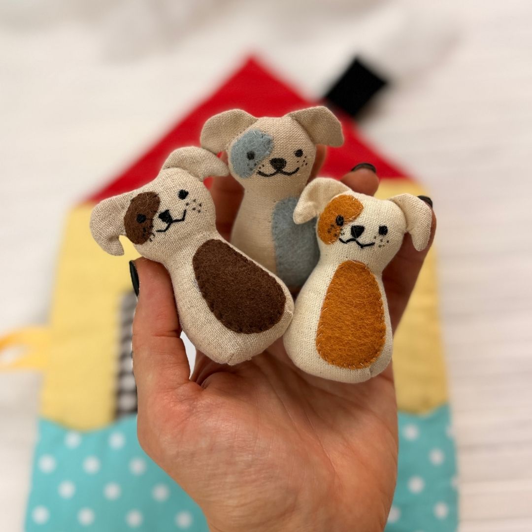 Cozy Dollhouse PDF sewing pattern – beginner-friendly fabric dollhouse tutorial with step-by-step photos and videos. Easy DIY sewing project for 5.5–6" mini dolls. Perfect handmade gift, nursery décor, or travel toy idea.