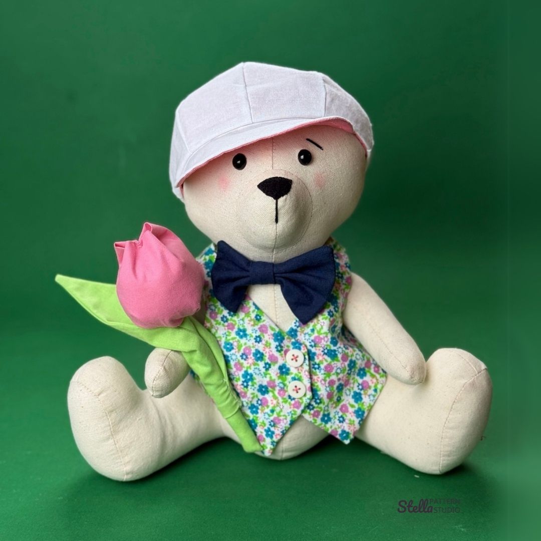 Sew your own classic teddy bear and Dress Up set: Classic Style Waistcoat, Flat Cap and Bow Tie; with this PDF sewing pattern & tutorial. Includes bonus tulip pattern. Perfect handmade gift for kids or grandkids!
