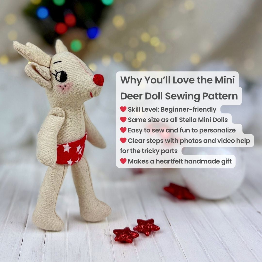 Mini deer doll with sewing pattern information on a blurred background