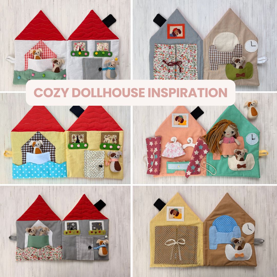 Cozy Dollhouse PDF sewing pattern – beginner-friendly fabric dollhouse tutorial with step-by-step photos and videos. Easy DIY sewing project for 5.5–6" mini dolls. Perfect handmade gift, nursery décor, or travel toy idea.