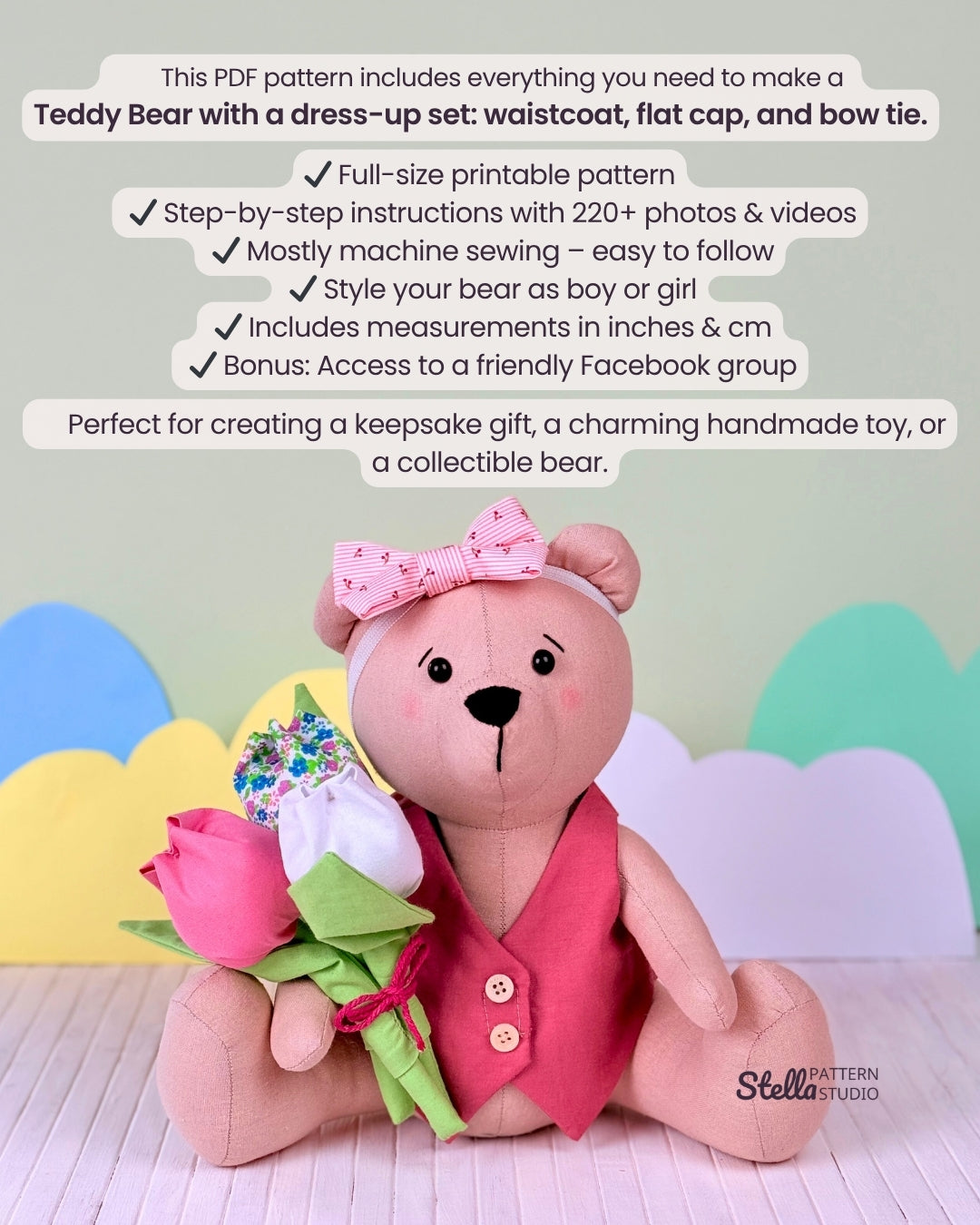 Sew your own classic teddy bear and Dress Up set: Classic Style Waistcoat, Flat Cap and Bow Tie; with this PDF sewing pattern & tutorial. Includes bonus tulip pattern. Perfect handmade gift for kids or grandkids!