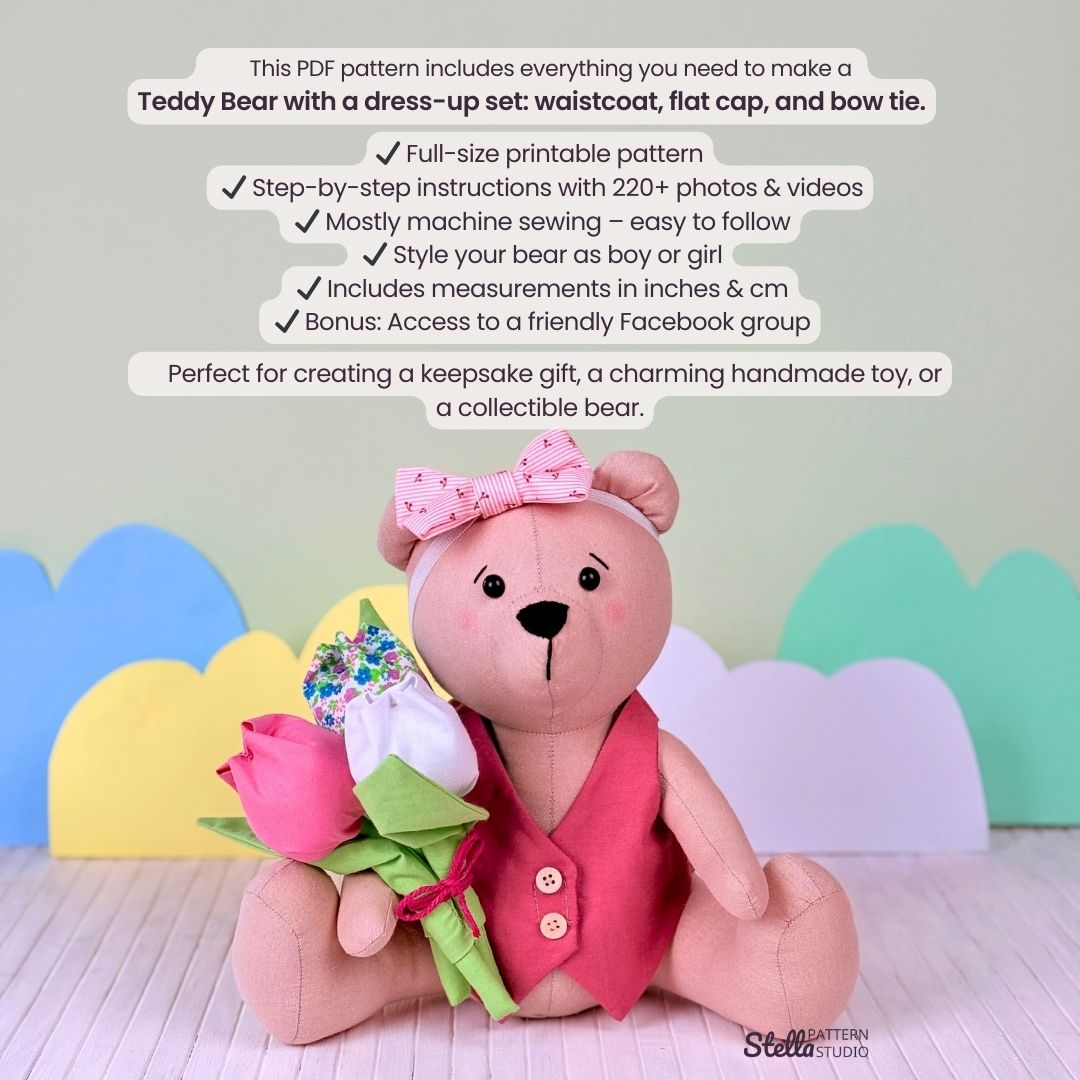 Sew your own classic teddy bear and Dress Up set: Classic Style Waistcoat, Flat Cap and Bow Tie; with this PDF sewing pattern & tutorial. Includes bonus tulip pattern. Perfect handmade gift for kids or grandkids!