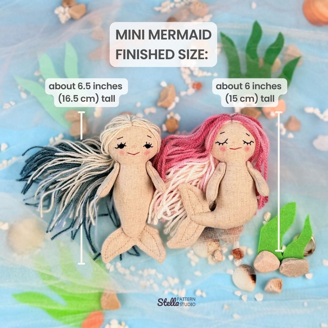 Two mini mermaid dolls with measurements and a blue ocean background.
