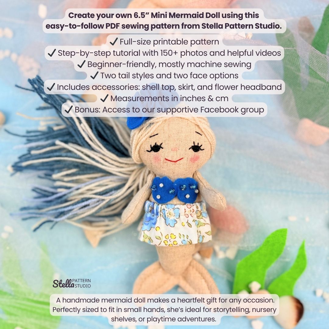 Mini mermaid doll with sewing pattern information from Stella Pattern Studio