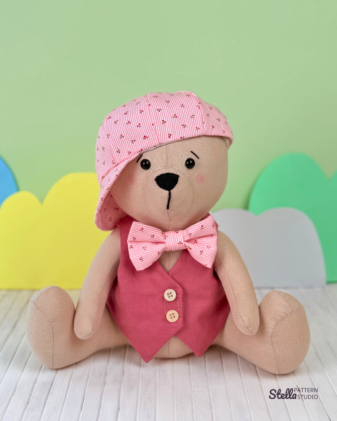 Sew your own classic teddy bear and Dress Up set: Classic Style Waistcoat, Flat Cap and Bow Tie; with this PDF sewing pattern & tutorial. Includes bonus tulip pattern. Perfect handmade gift for kids or grandkids!