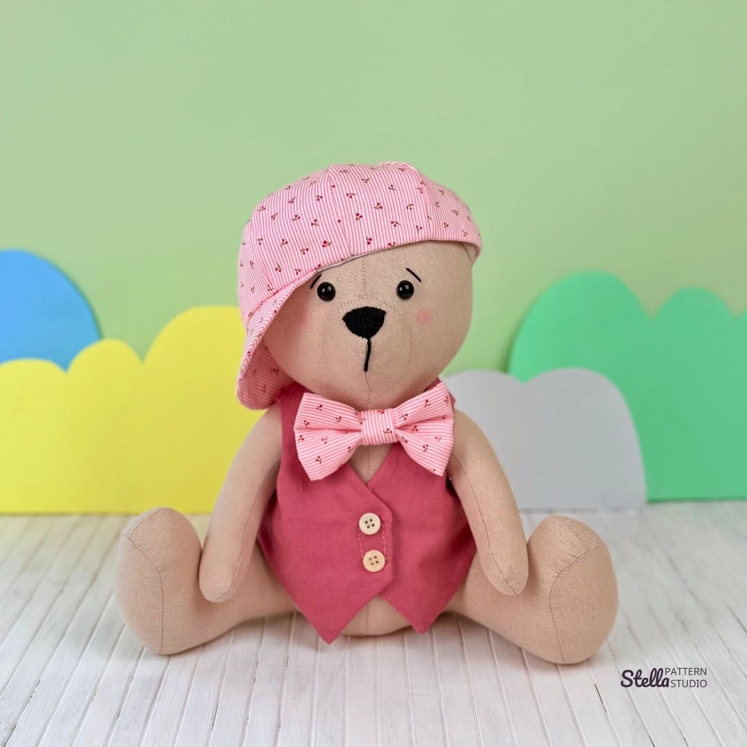 Sew your own classic teddy bear and Dress Up set: Classic Style Waistcoat, Flat Cap and Bow Tie; with this PDF sewing pattern & tutorial. Includes bonus tulip pattern. Perfect handmade gift for kids or grandkids!