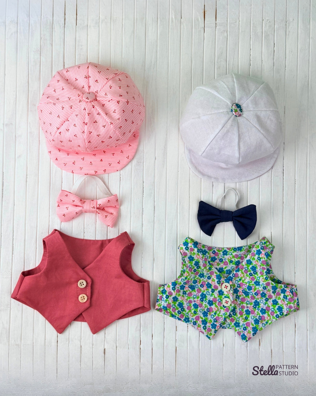 Sew your own classic teddy bear and Dress Up set: Classic Style Waistcoat, Flat Cap and Bow Tie; with this PDF sewing pattern & tutorial. Includes bonus tulip pattern. Perfect handmade gift for kids or grandkids!
