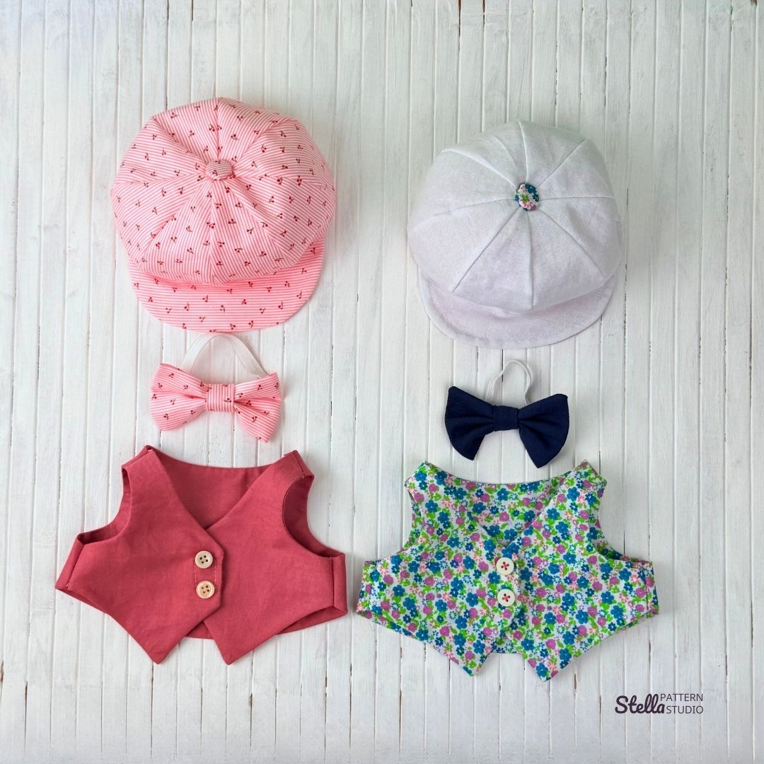 Sew your own classic teddy bear and Dress Up set: Classic Style Waistcoat, Flat Cap and Bow Tie; with this PDF sewing pattern & tutorial. Includes bonus tulip pattern. Perfect handmade gift for kids or grandkids!