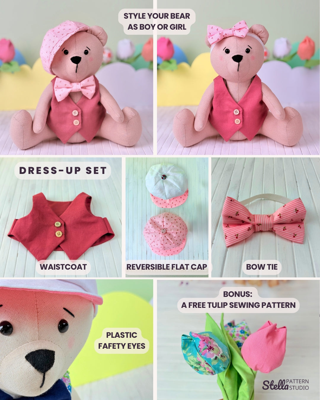 Sew your own classic teddy bear and Dress Up set: Classic Style Waistcoat, Flat Cap and Bow Tie; with this PDF sewing pattern & tutorial. Includes bonus tulip pattern. Perfect handmade gift for kids or grandkids!