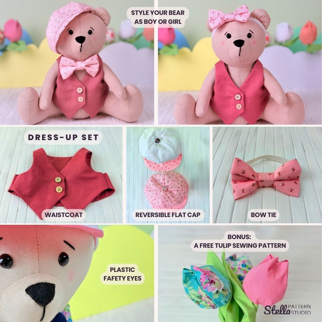 Sew your own classic teddy bear and Dress Up set: Classic Style Waistcoat, Flat Cap and Bow Tie; with this PDF sewing pattern & tutorial. Includes bonus tulip pattern. Perfect handmade gift for kids or grandkids!