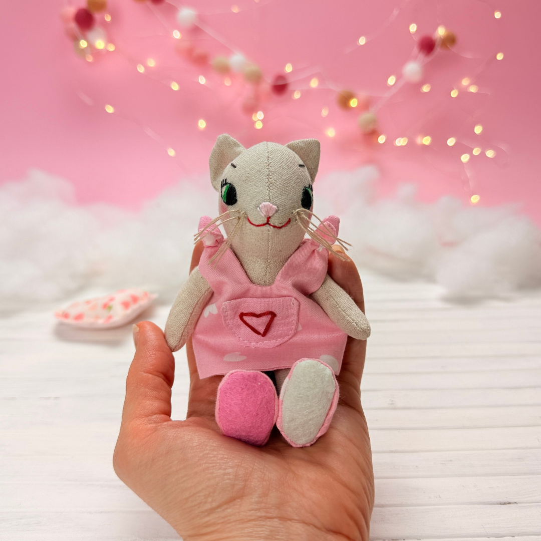 Mini Cat Doll in Overalls, Dress and Shoes - PDF Sewing Pattern and Tutorial