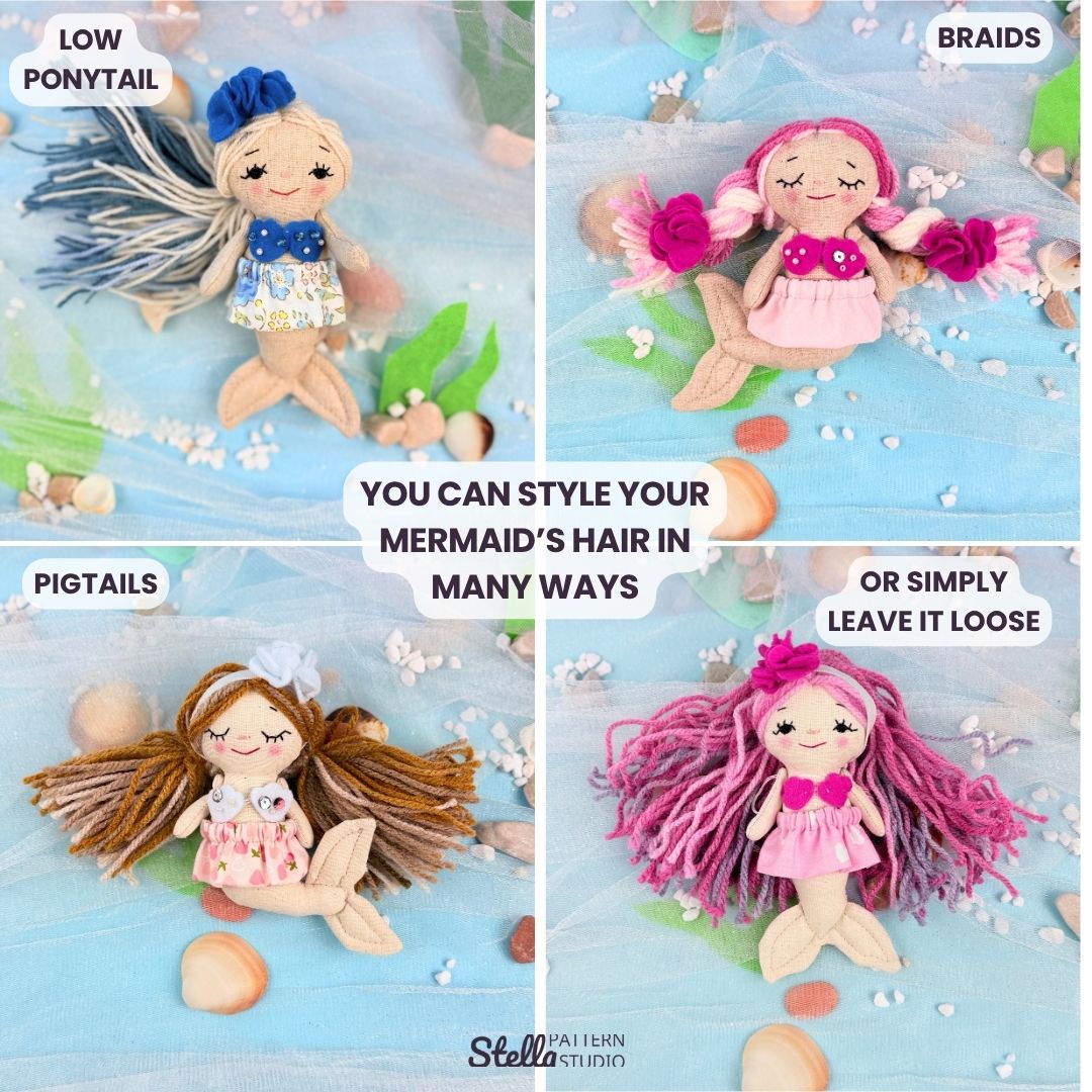 Mermaid dolls with styled hair on a blue background, featuring text on styling options.