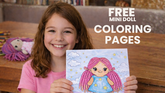 Free Mini Doll coloring pages by Stella Pattern Studio. Printable, screen-free activity for kids and families who love handmade dolls.