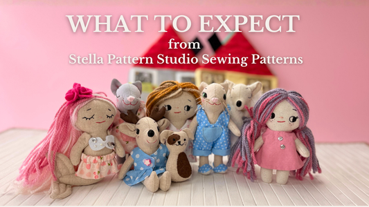 Discover what makes Stella Pattern Studio sewing patterns unique. Learn what to expect from the tutorials, skill levels, Mini Dolls, doll clothes, dollhouses, and stuffed toy patterns before you start your next sewing project.