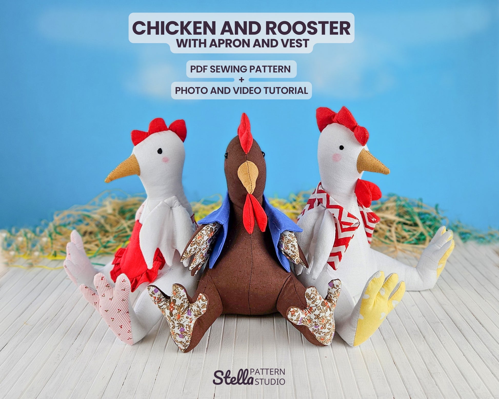 Chicken and Rooster PDF Stuffed Animal Sewing Pattern and tutorial