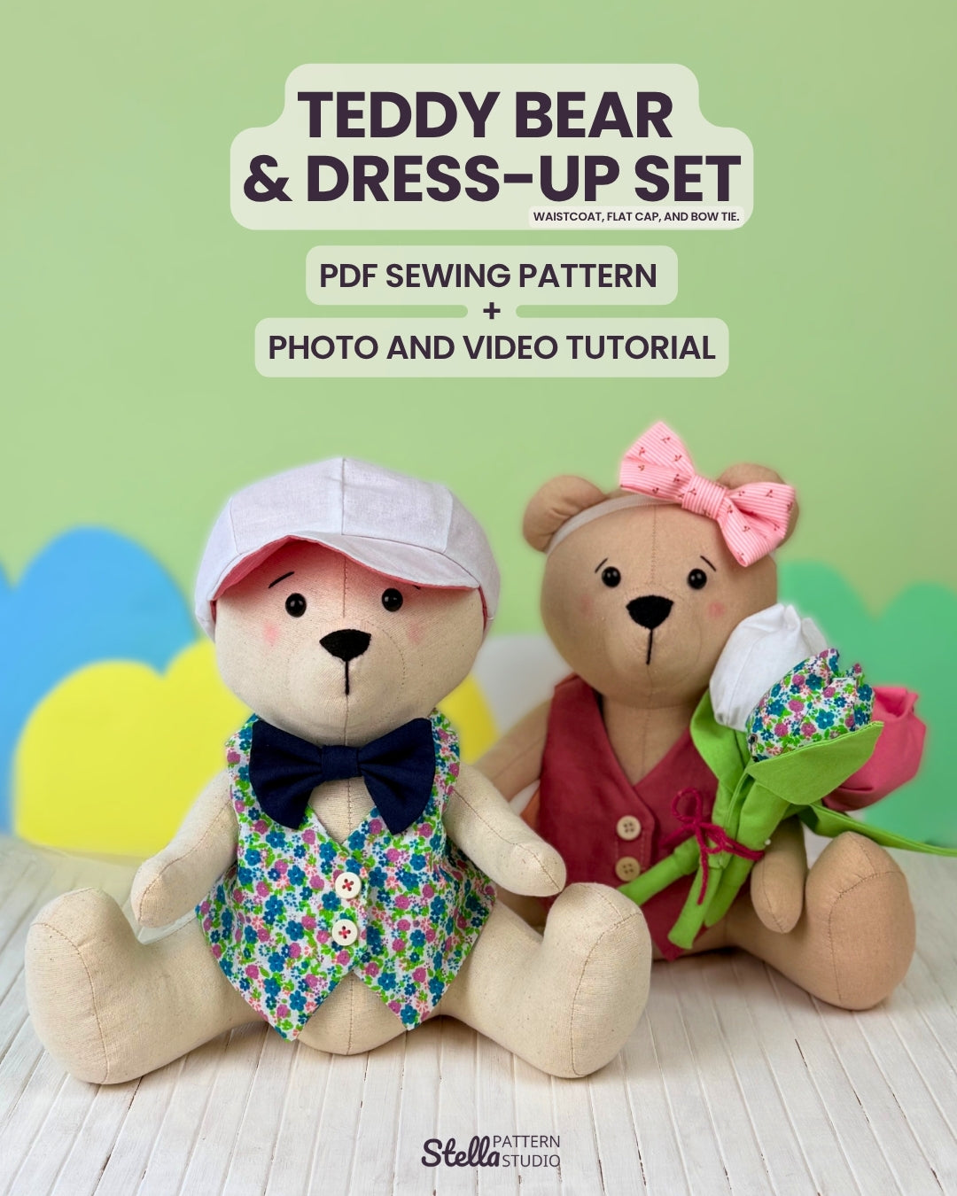 Sew your own classic teddy bear and Dress Up set: Classic Style Waistcoat, Flat Cap and Bow Tie; with this PDF sewing pattern & tutorial. Includes bonus tulip pattern. Perfect handmade gift for kids or grandkids!
