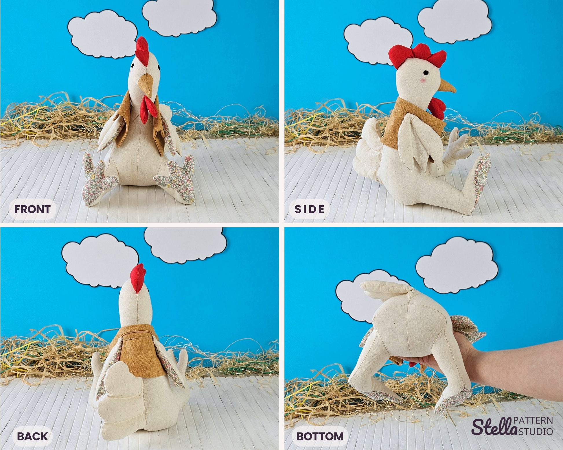 Chicken and Rooster PDF Stuffed Animal Sewing Pattern and tutorial