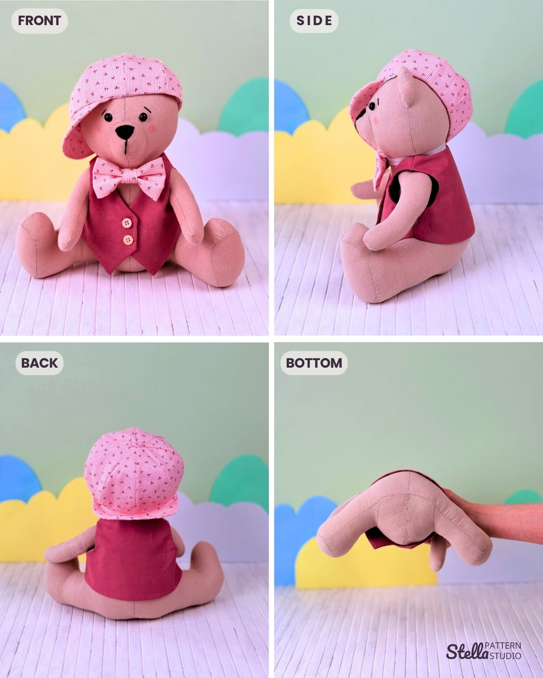 Sew your own classic teddy bear and Dress Up set: Classic Style Waistcoat, Flat Cap and Bow Tie; with this PDF sewing pattern & tutorial. Includes bonus tulip pattern. Perfect handmade gift for kids or grandkids!