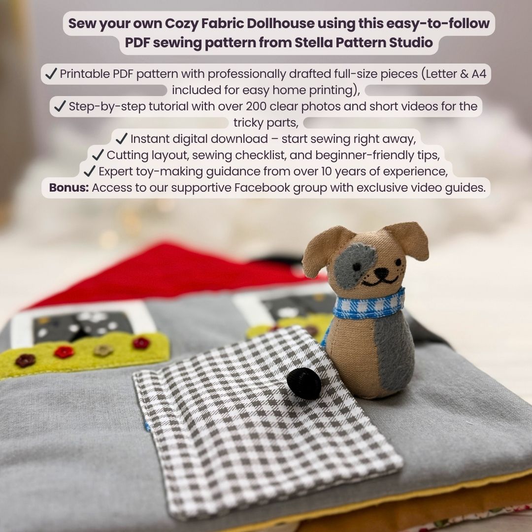 Cozy Dollhouse PDF sewing pattern – beginner-friendly fabric dollhouse tutorial with step-by-step photos and videos. Easy DIY sewing project for 5.5–6" mini dolls. Perfect handmade gift, nursery décor, or travel toy idea.