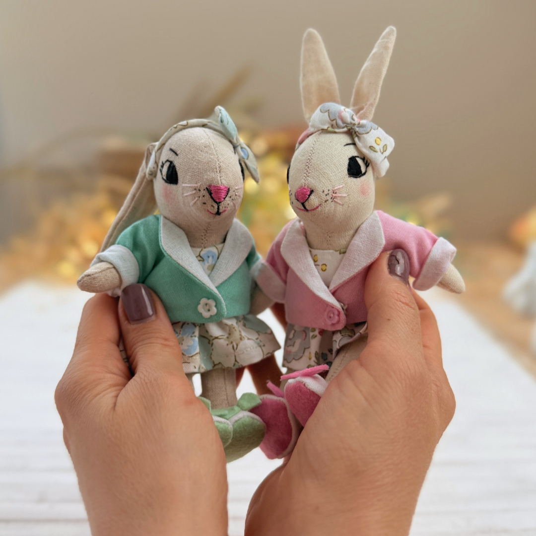 Mini Bunny Doll PDF sewing pattern with outfit set, including dress, reversible jacket, shoes, Bow Headband, and bonus Chicken Beanbag for Stella Mini Dolls