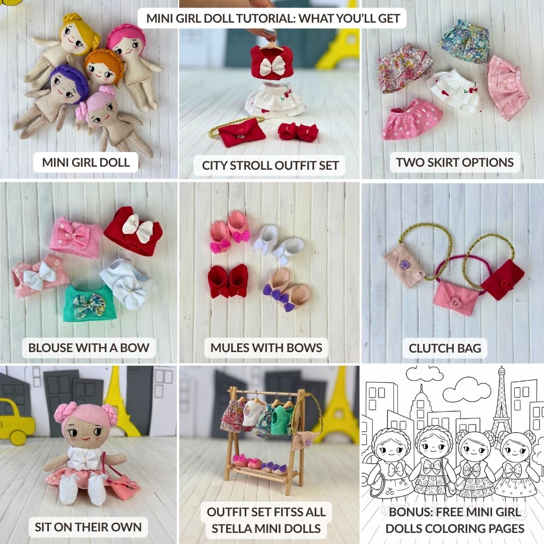 Mini Girl Doll PDF sewing pattern by Stella Pattern Studio featuring the City Stroll Outfit Set with a blouse, two skirt options, mules with bows, and a clutch bag. Beginner-friendly doll sewing tutorial with step-by-step instructions, video support, and free Mini Girl Dolls Coloring Pages.