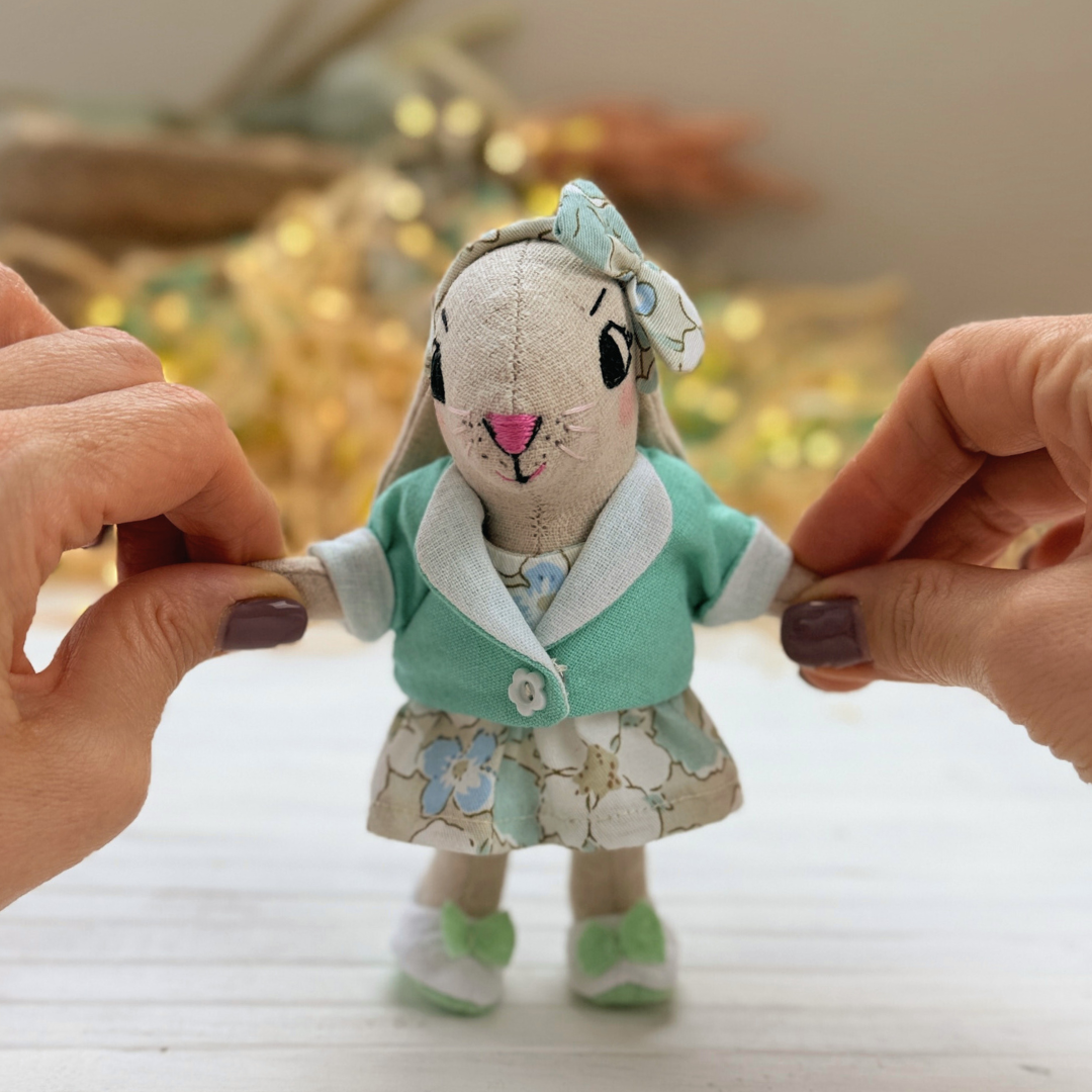 Mini Bunny Doll PDF sewing pattern with outfit set, including dress, reversible jacket, shoes, Bow Headband, and bonus Chicken Beanbag for Stella Mini Dolls