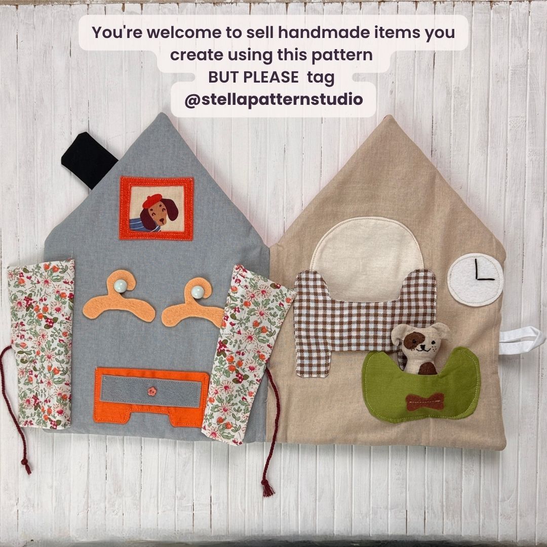 Cozy Dollhouse PDF sewing pattern – beginner-friendly fabric dollhouse tutorial with step-by-step photos and videos. Easy DIY sewing project for 5.5–6" mini dolls. Perfect handmade gift, nursery décor, or travel toy idea.