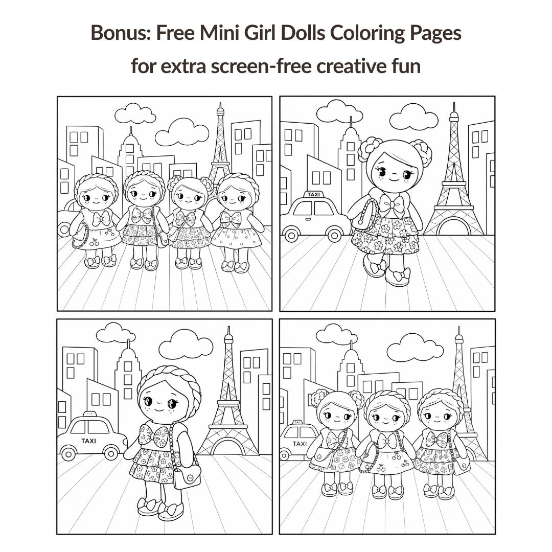 Mini Girl Doll PDF sewing pattern by Stella Pattern Studio featuring the City Stroll Outfit Set with a blouse, two skirt options, mules with bows, and a clutch bag. Beginner-friendly doll sewing tutorial with step-by-step instructions, video support, and free Mini Girl Dolls Coloring Pages.