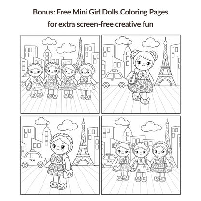 Mini Girl Doll PDF sewing pattern by Stella Pattern Studio featuring the City Stroll Outfit Set with a blouse, two skirt options, mules with bows, and a clutch bag. Beginner-friendly doll sewing tutorial with step-by-step instructions, video support, and free Mini Girl Dolls Coloring Pages.