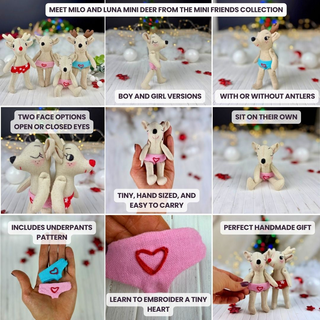 Sew your own Milo and Luna with this beginner friendly Mini Deer Doll PDF sewing pattern.