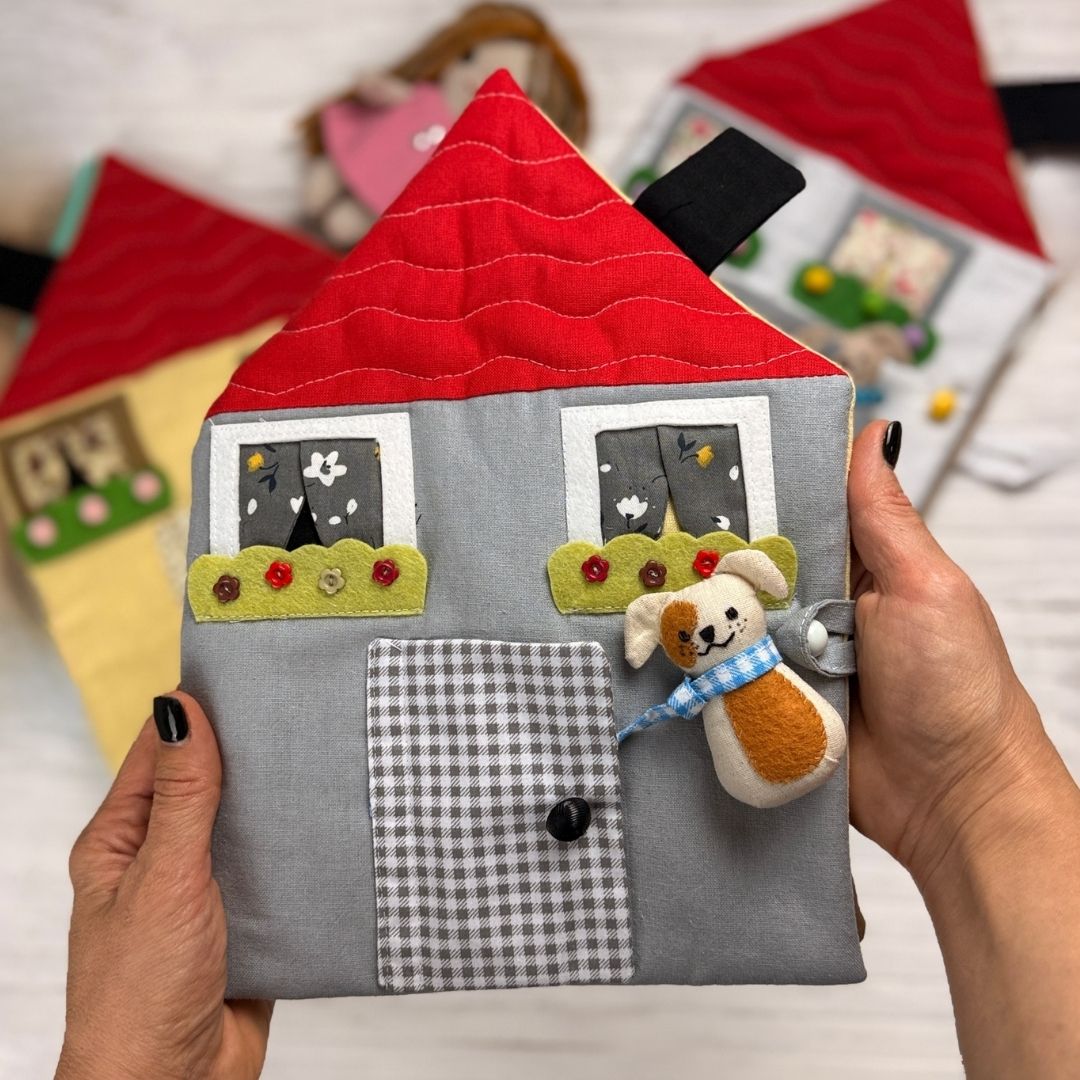 Cozy Dollhouse PDF sewing pattern – beginner-friendly fabric dollhouse tutorial with step-by-step photos and videos. Easy DIY sewing project for 5.5–6" mini dolls. Perfect handmade gift, nursery décor, or travel toy idea.