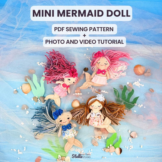 Mini mermaid dolls with sewing pattern and tutorial text on a watercolor background