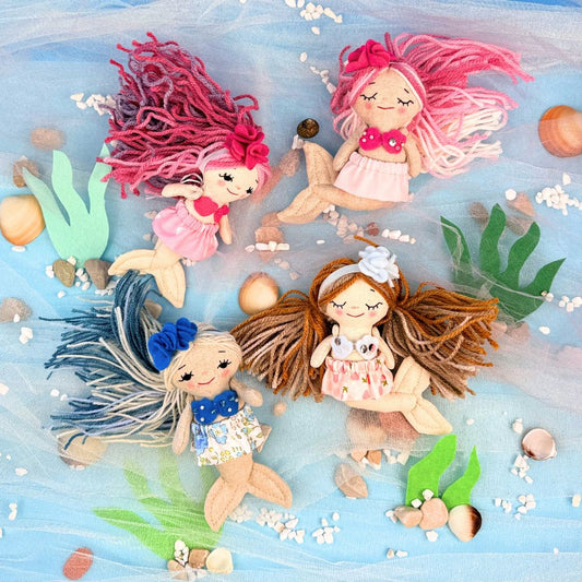 Stella Pattern Studio PDF tutorial and sewing pattern for creating a Mini Mermaid Doll with accessories.