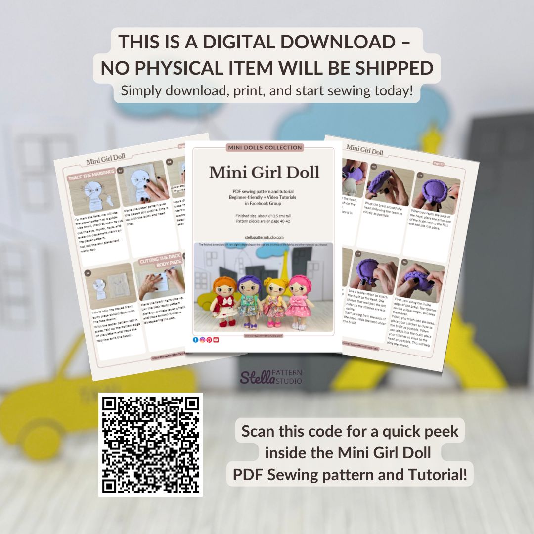 Mini Girl Doll PDF sewing pattern by Stella Pattern Studio featuring the City Stroll Outfit Set with a blouse, two skirt options, mules with bows, and a clutch bag. Beginner-friendly doll sewing tutorial with step-by-step instructions, video support, and free Mini Girl Dolls Coloring Pages.