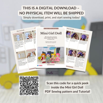 Mini Girl Doll PDF sewing pattern by Stella Pattern Studio featuring the City Stroll Outfit Set with a blouse, two skirt options, mules with bows, and a clutch bag. Beginner-friendly doll sewing tutorial with step-by-step instructions, video support, and free Mini Girl Dolls Coloring Pages.