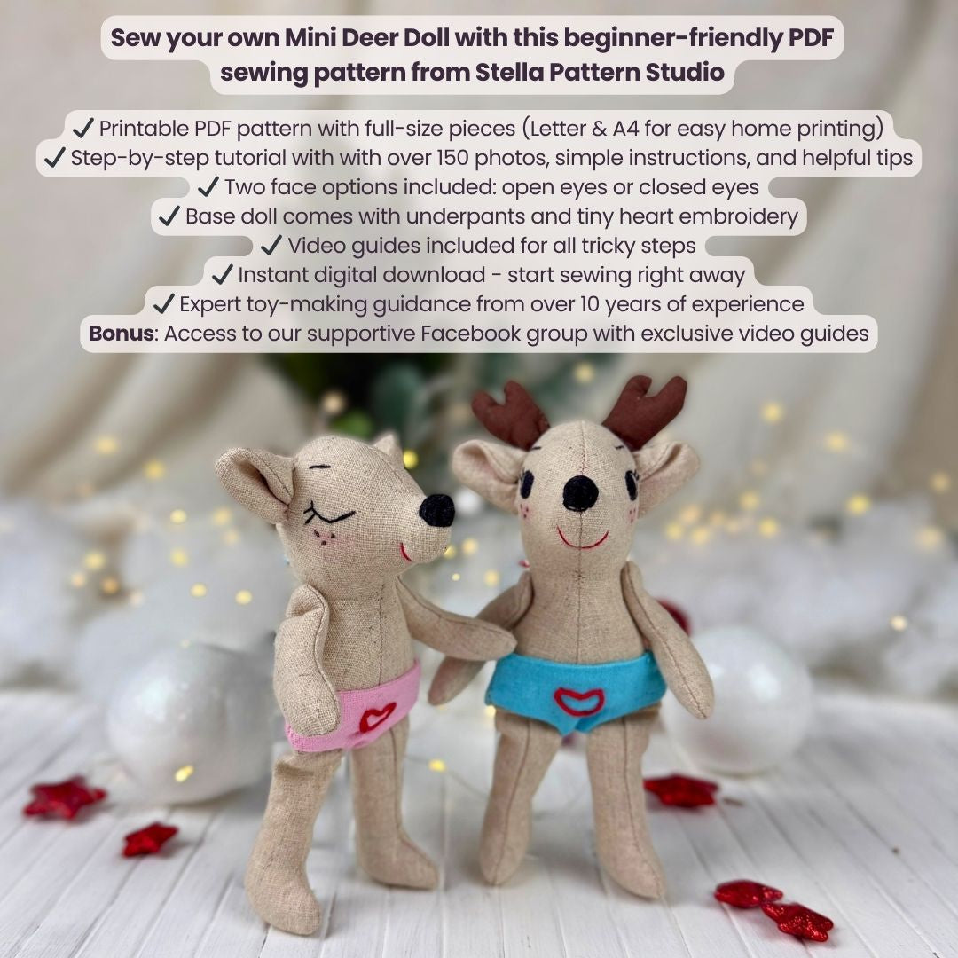 Sew your own Milo and Luna with this beginner friendly Mini Deer Doll PDF sewing pattern.