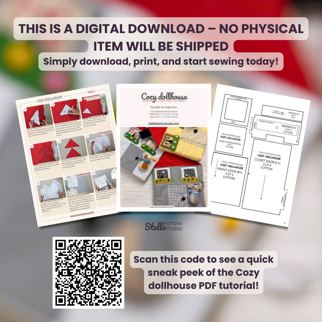 Cozy Dollhouse PDF sewing pattern – beginner-friendly fabric dollhouse tutorial with step-by-step photos and videos. Easy DIY sewing project for 5.5–6" mini dolls. Perfect handmade gift, nursery décor, or travel toy idea.