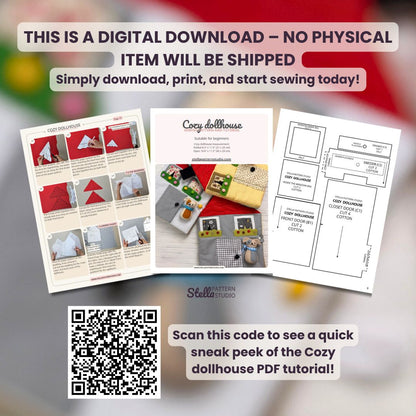 Cozy Dollhouse PDF sewing pattern – beginner-friendly fabric dollhouse tutorial with step-by-step photos and videos. Easy DIY sewing project for 5.5–6" mini dolls. Perfect handmade gift, nursery décor, or travel toy idea.