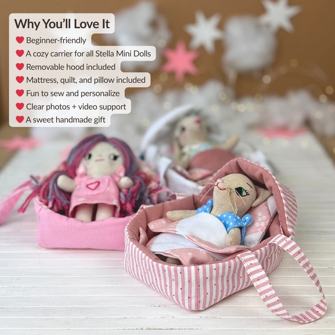 Beginner-friendly Mini Dolls Carrier & Bedding Set PDF sewing pattern by Stella Pattern Studio