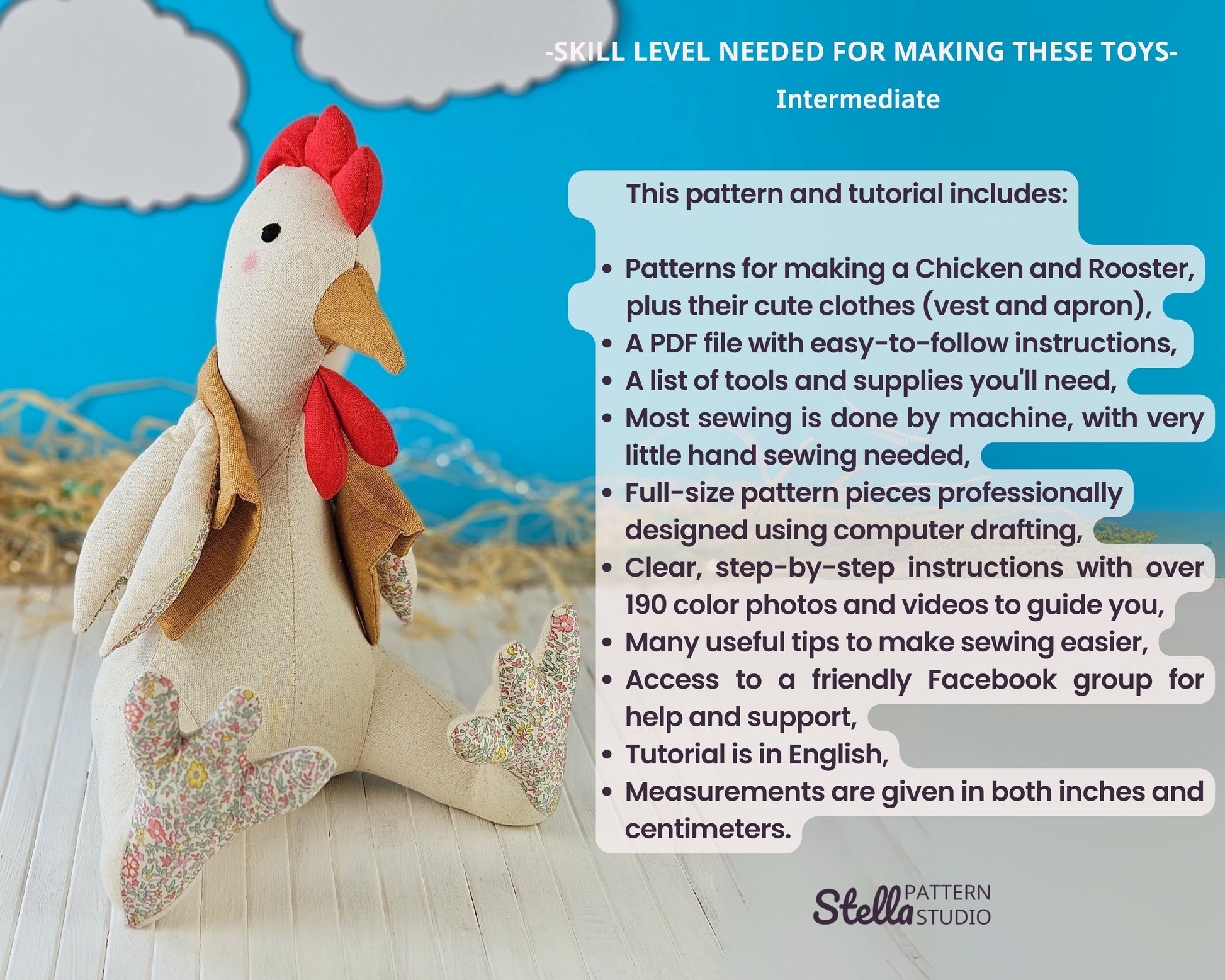 Chicken and Rooster PDF Stuffed Animal Sewing Pattern and tutorial
