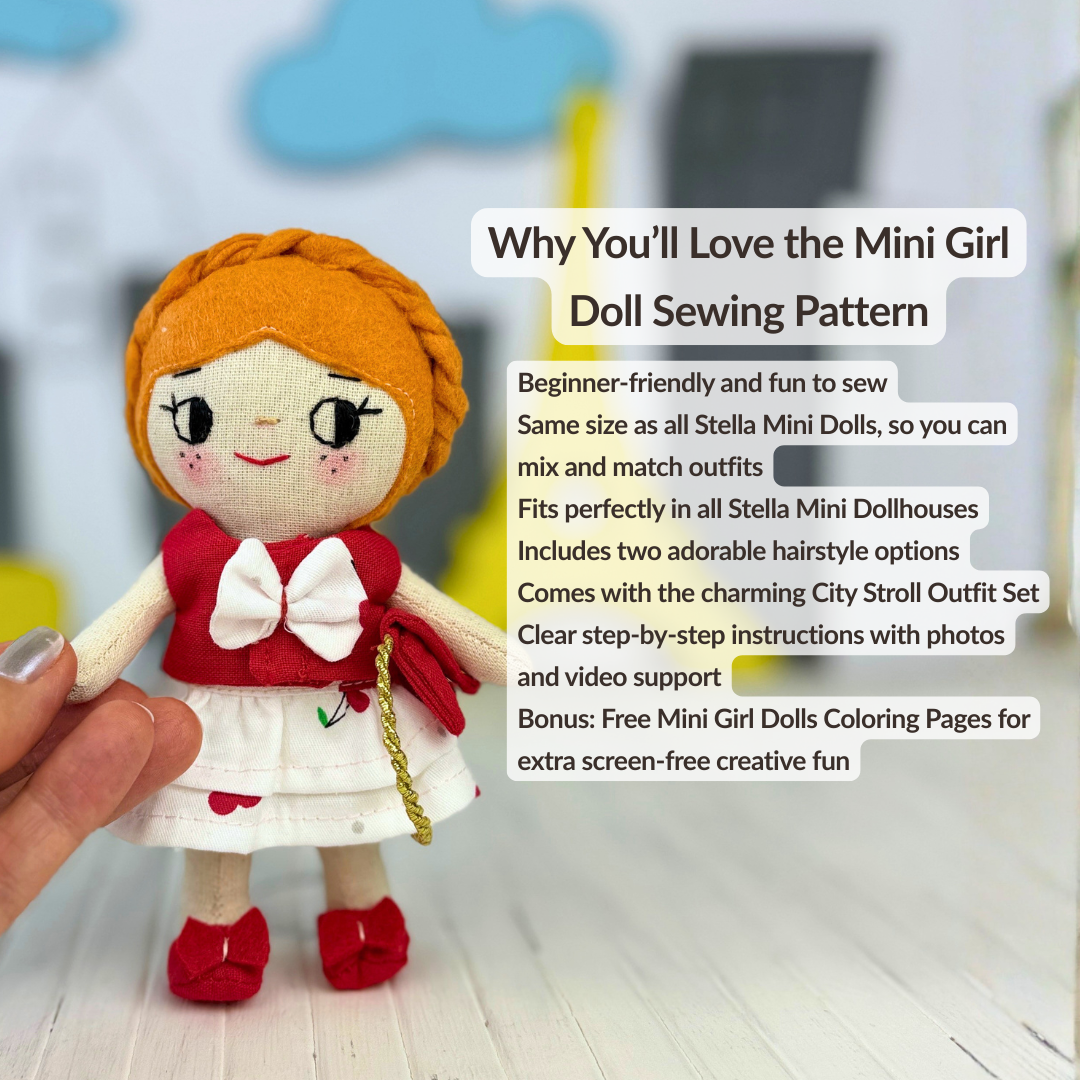 Mini Girl Doll PDF sewing pattern by Stella Pattern Studio featuring the City Stroll Outfit Set with a blouse, two skirt options, mules with bows, and a clutch bag. Beginner-friendly doll sewing tutorial with step-by-step instructions, video support, and free Mini Girl Dolls Coloring Pages.