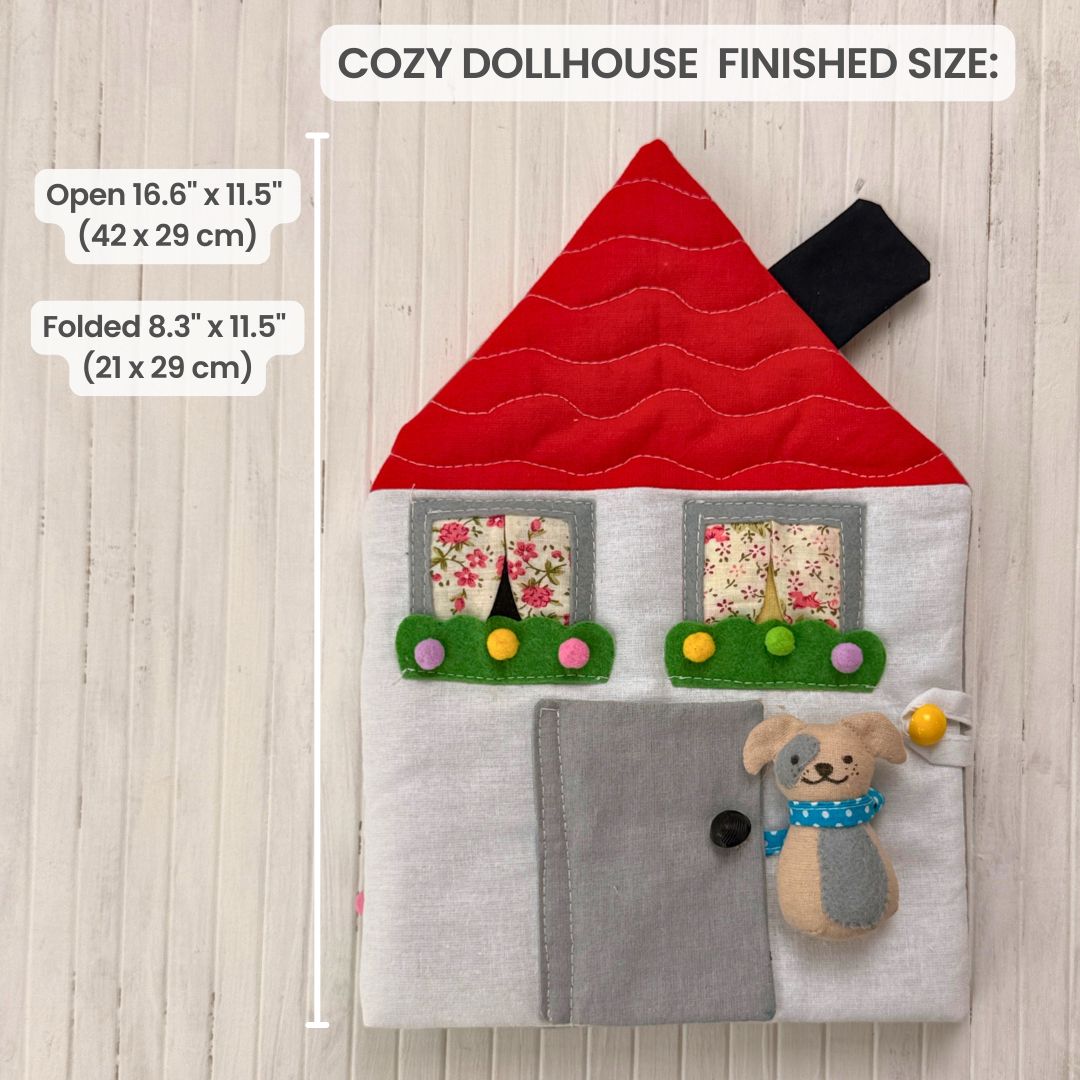 Cozy Dollhouse PDF sewing pattern – beginner-friendly fabric dollhouse tutorial with step-by-step photos and videos. Easy DIY sewing project for 5.5–6" mini dolls. Perfect handmade gift, nursery décor, or travel toy idea.