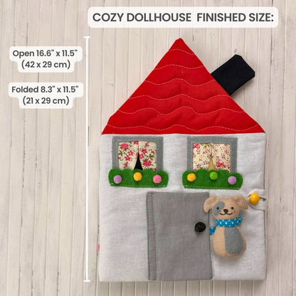 Cozy Dollhouse PDF sewing pattern – beginner-friendly fabric dollhouse tutorial with step-by-step photos and videos. Easy DIY sewing project for 5.5–6" mini dolls. Perfect handmade gift, nursery décor, or travel toy idea.