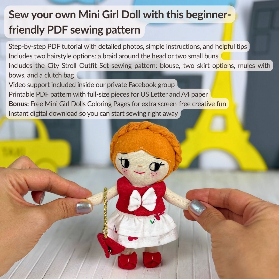 Mini Girl Doll PDF sewing pattern by Stella Pattern Studio featuring the City Stroll Outfit Set with a blouse, two skirt options, mules with bows, and a clutch bag. Beginner-friendly doll sewing tutorial with step-by-step instructions, video support, and free Mini Girl Dolls Coloring Pages.