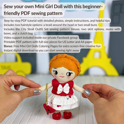 Mini Girl Doll PDF sewing pattern by Stella Pattern Studio featuring the City Stroll Outfit Set with a blouse, two skirt options, mules with bows, and a clutch bag. Beginner-friendly doll sewing tutorial with step-by-step instructions, video support, and free Mini Girl Dolls Coloring Pages.