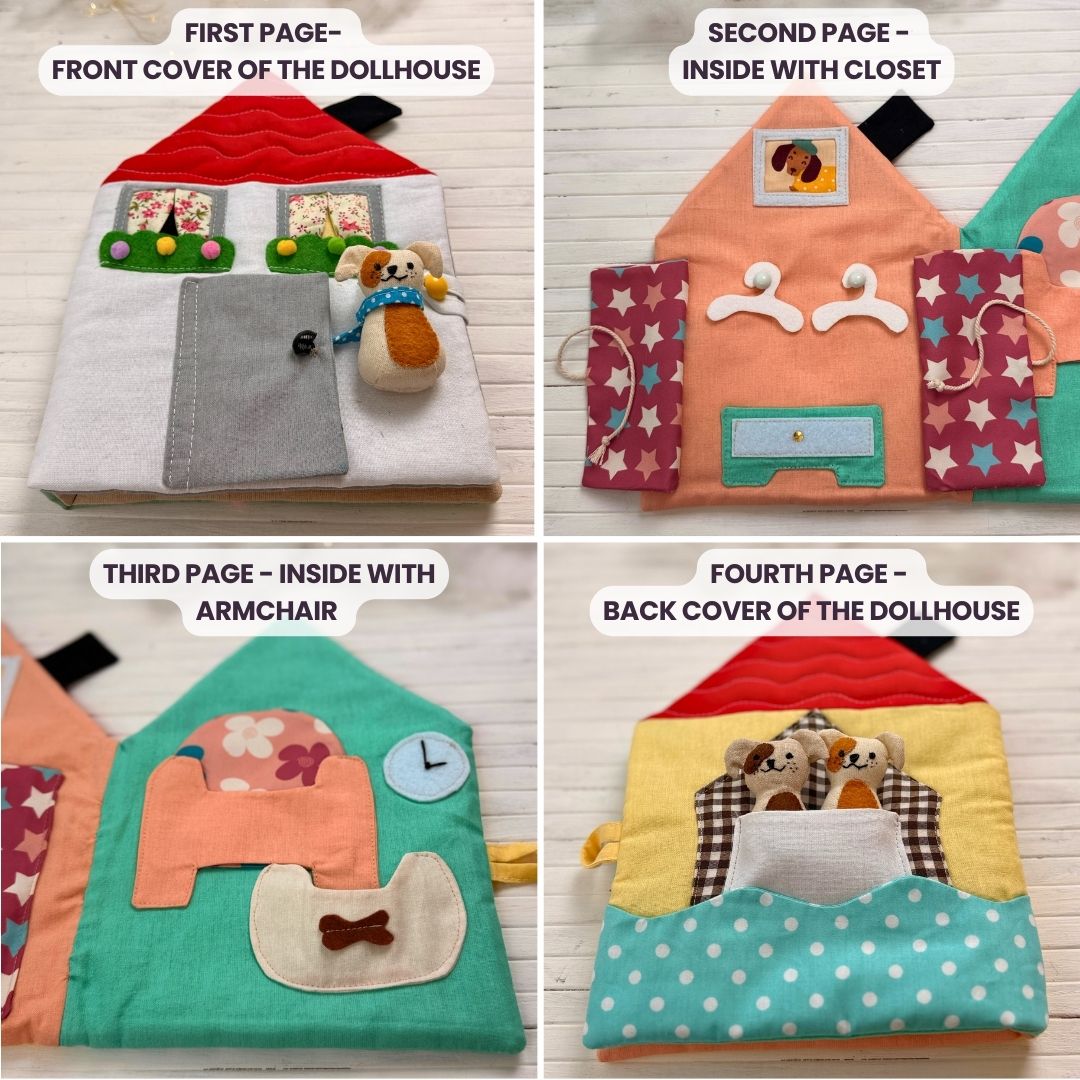 Cozy Dollhouse PDF sewing pattern – beginner-friendly fabric dollhouse tutorial with step-by-step photos and videos. Easy DIY sewing project for 5.5–6" mini dolls. Perfect handmade gift, nursery décor, or travel toy idea.
