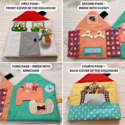 Cozy Dollhouse PDF sewing pattern – beginner-friendly fabric dollhouse tutorial with step-by-step photos and videos. Easy DIY sewing project for 5.5–6" mini dolls. Perfect handmade gift, nursery décor, or travel toy idea.